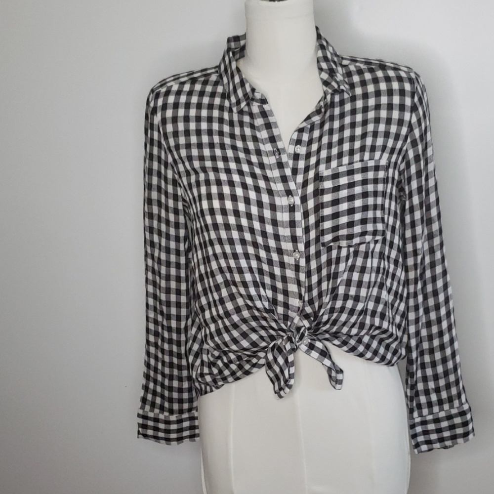 Abound Black and White Front Tie Long Sleeve Shirt